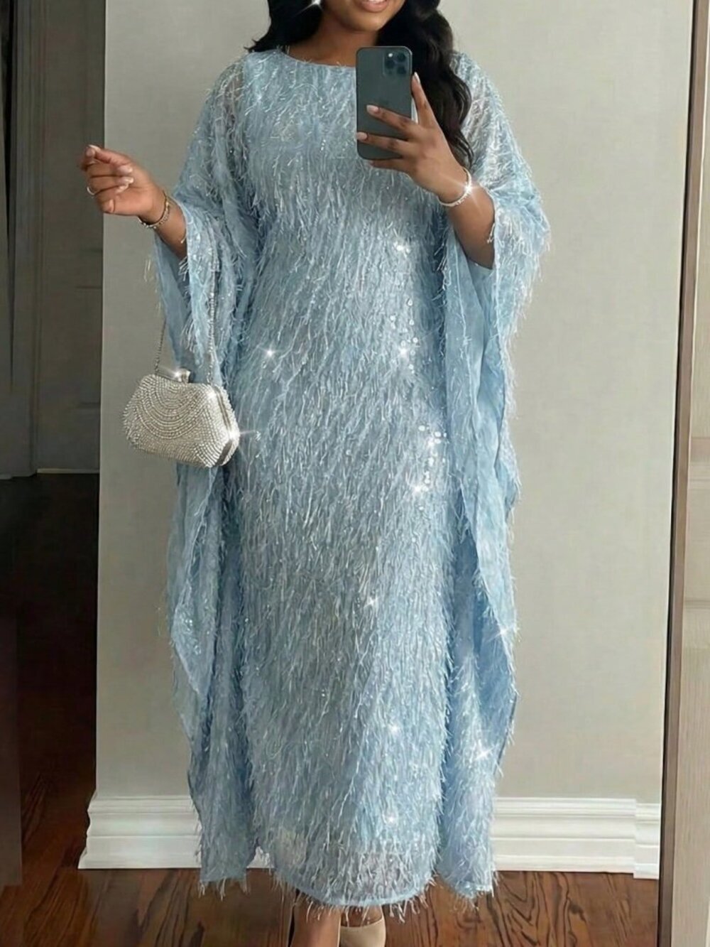 Blue Elegant Women's Shimmering Brocade Batwing Sleeve Maxi Dress